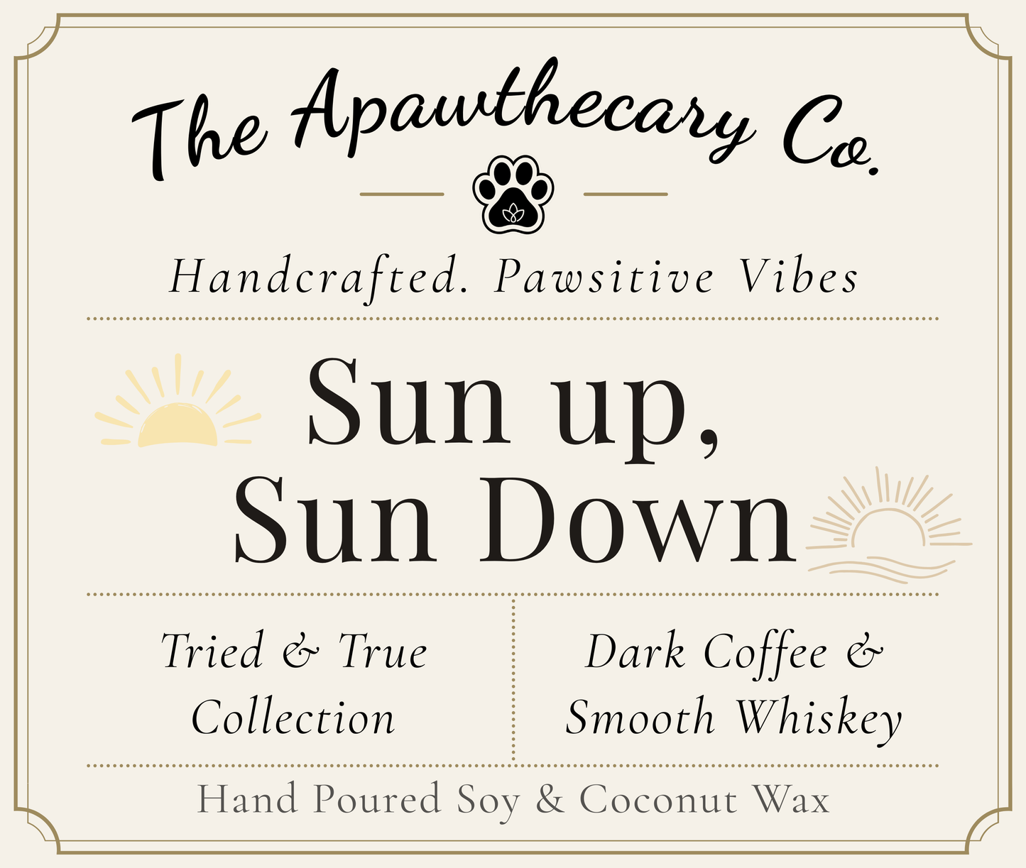 Product label for 'Sun up, Sun Down' candle from The Apawthecary Co. with branding and product details.