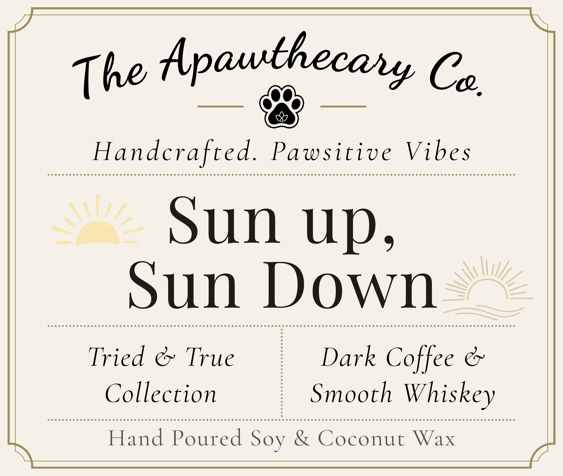 Product label for 'Sun up, Sun Down' candle from The Apawthecary Co. with branding and product details.