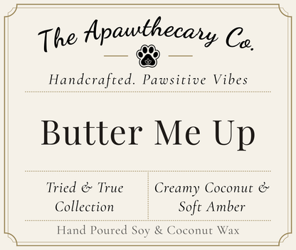 Product label for 'Butter Me Up' from The Apawthecary Co. with branding and product details.