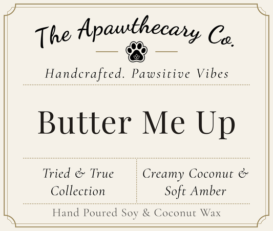 Product label for 'Butter Me Up' from The Apawthecary Co. with branding and product details.