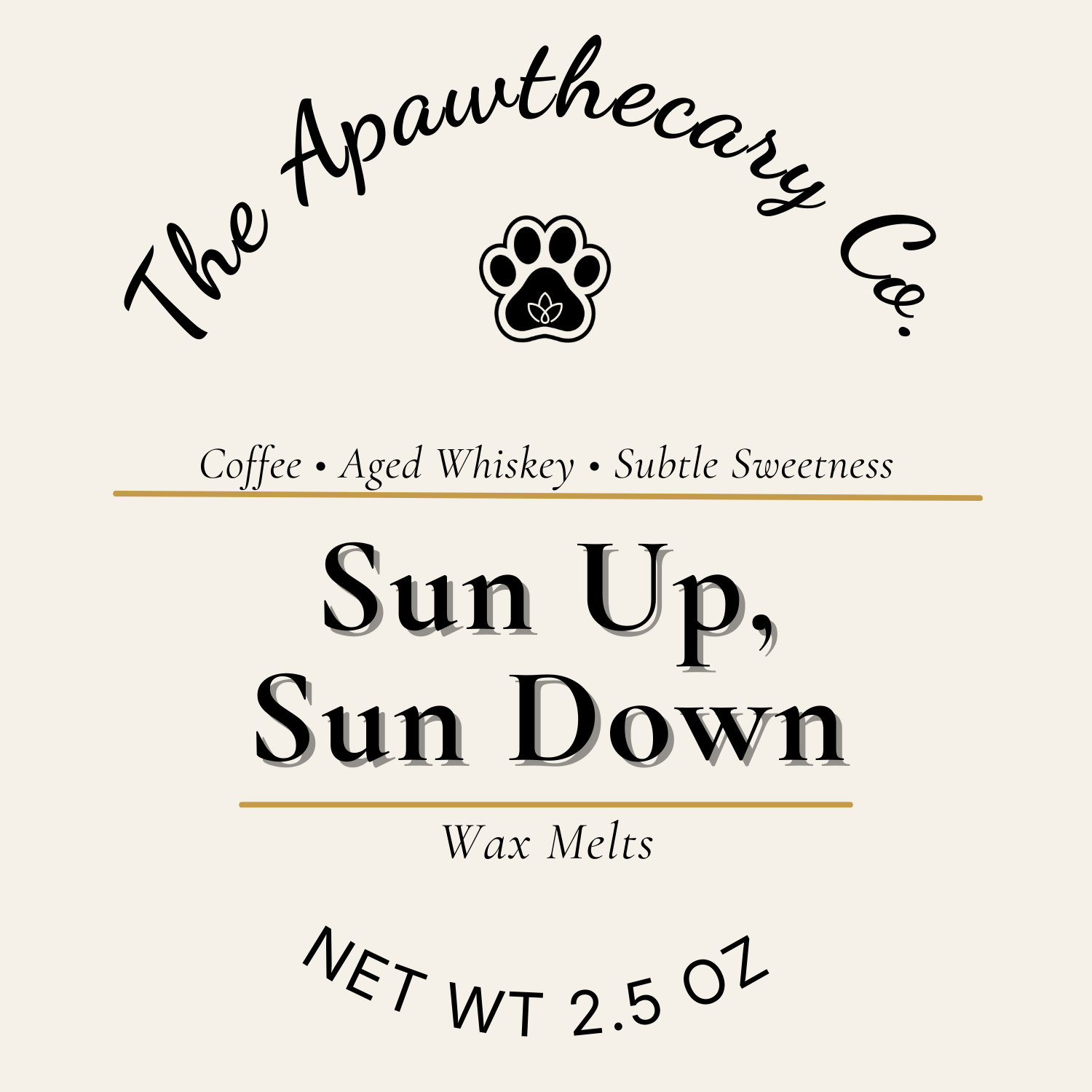 Label for 'Sun Up, Sun Down' wax melts by The Apawthecary Co. on a beige background.