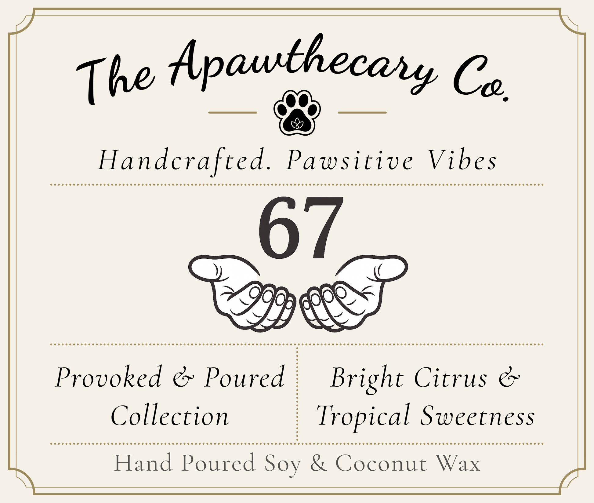 Product label for 'The Apawthecary Co.' with paw prints and product details.