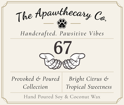 Product label for 'The Apawthecary Co.' with paw prints and product details.