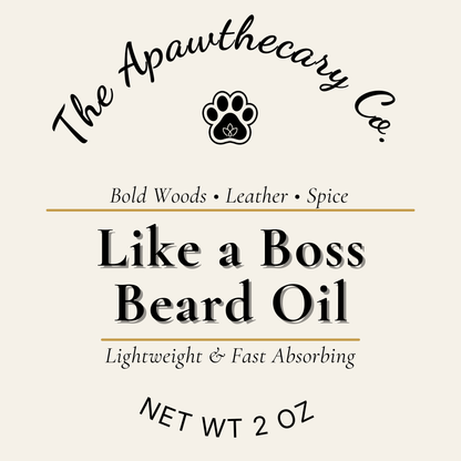 Label for 'Like a Boss Beard Oil' by The Apawthecary Co. on a beige background