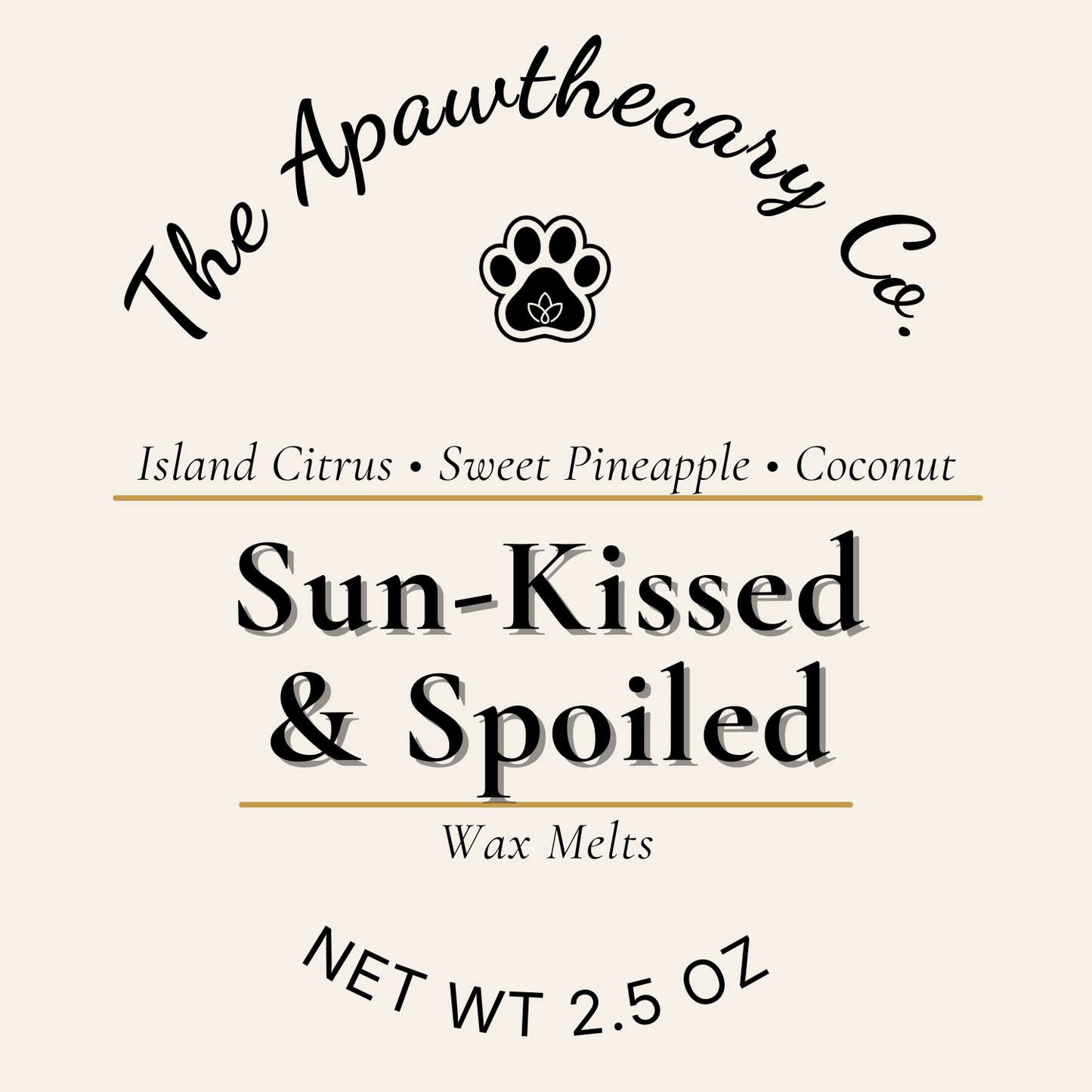 Label for 'Sun-Kissed & Spoiled' wax melts by The Apawthecary Co. with product details.