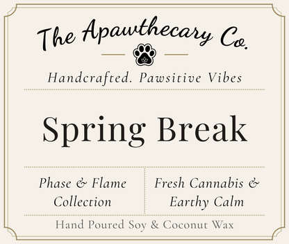 Product label for 'Spring Break' from The Apawthecary Co. with branding and product details.