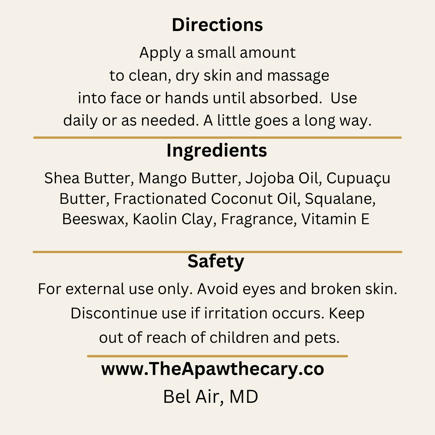 Product label with directions, ingredients, safety information, and branding details.