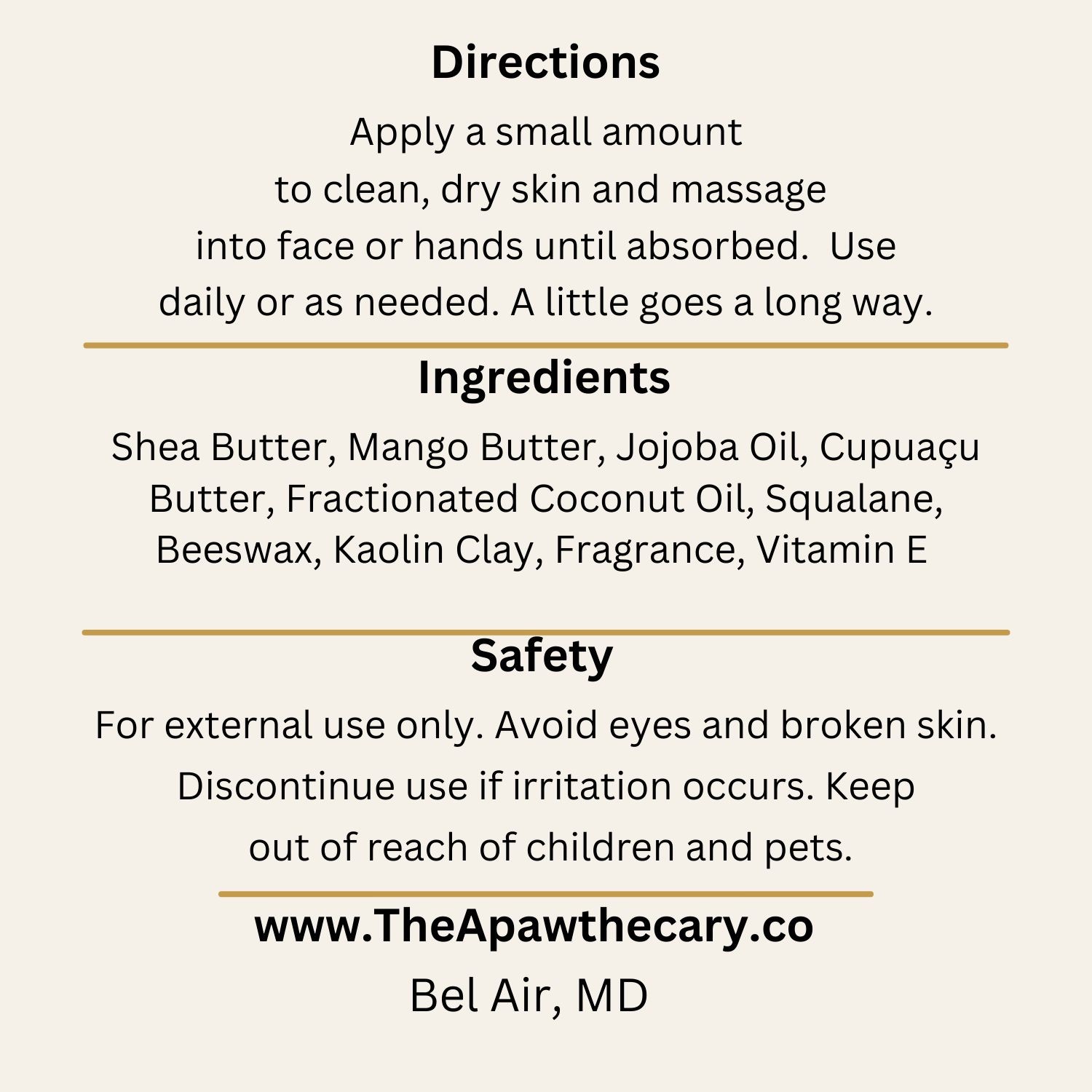Product label with directions, ingredients, safety information, and branding details.