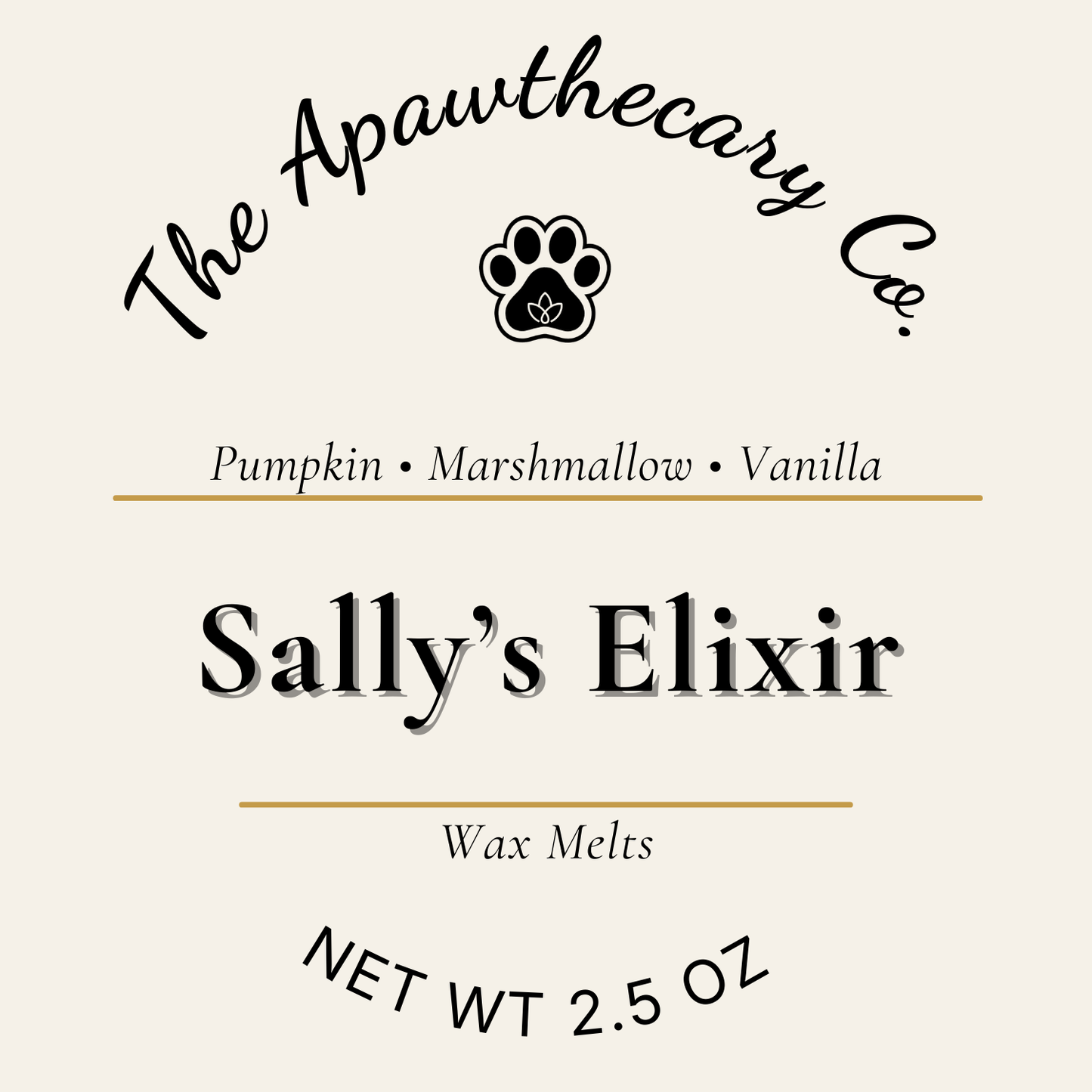 Label for 'Sally's Elixir' wax melts from The Apawthecary Co. with a paw print icon.