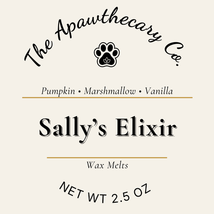 Label for 'Sally's Elixir' wax melts from The Apawthecary Co. with a paw print icon.