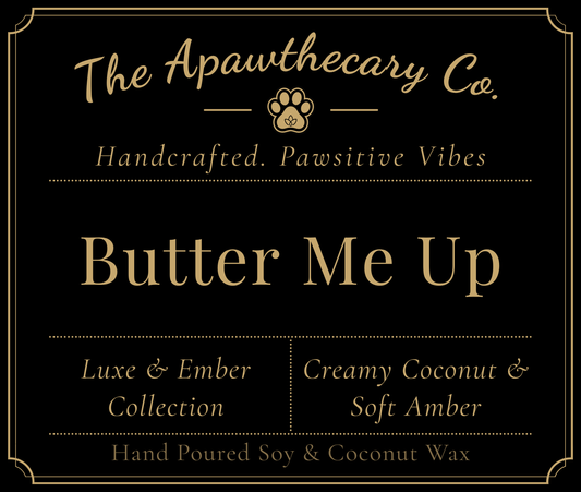 Product label for 'Butter Me Up' from The Apawthecary Co. with branding and product details.