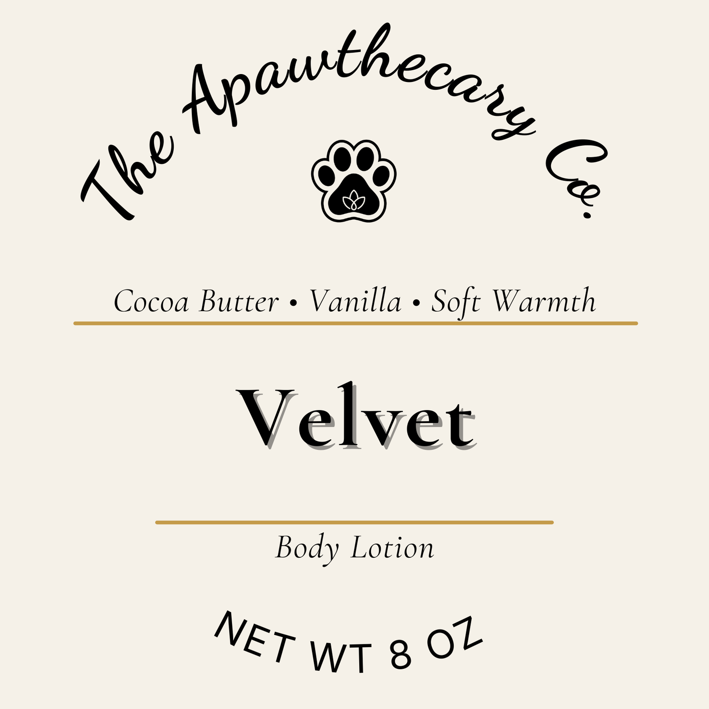 Label for 'Velvet' body lotion from The Apawthecary Co. with a paw logo.