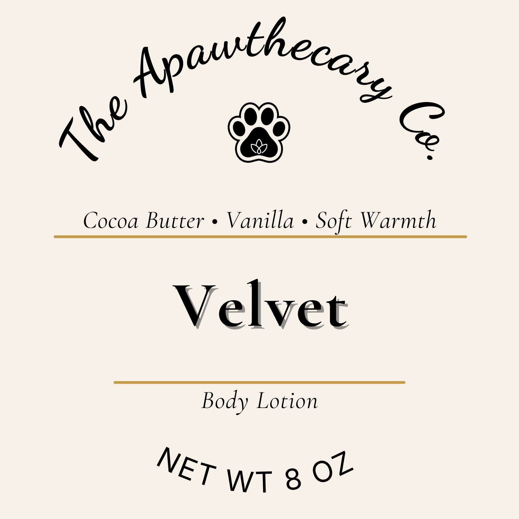 Label for 'Velvet' body lotion from The Apawthecary Co. with a paw logo.