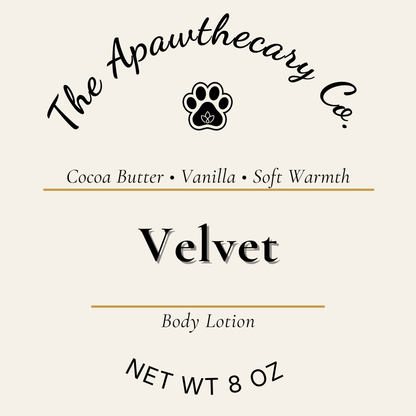 Label for 'Velvet' body lotion from The Apawthecary Co. with a paw logo.