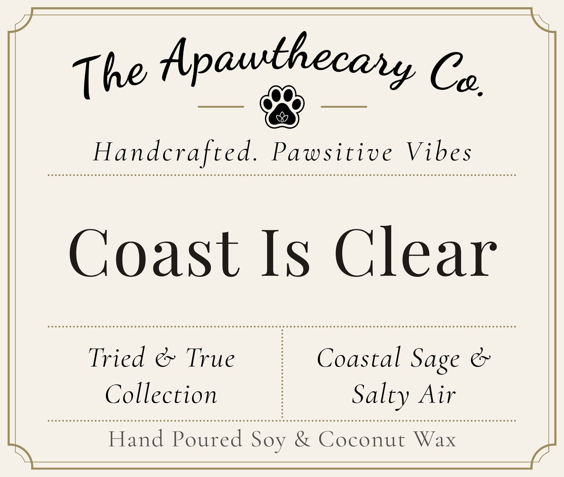 Product label for 'Coast Is Clear' candle from The Apawthecary Co. with branding and product details.