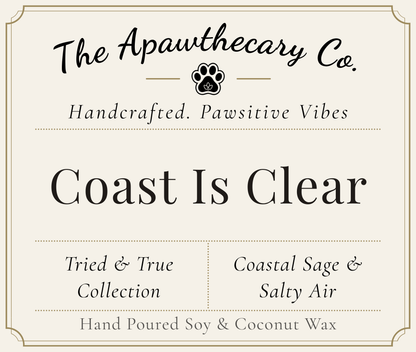 Product label for 'Coast Is Clear' candle from The Apawthecary Co. with branding and product details.