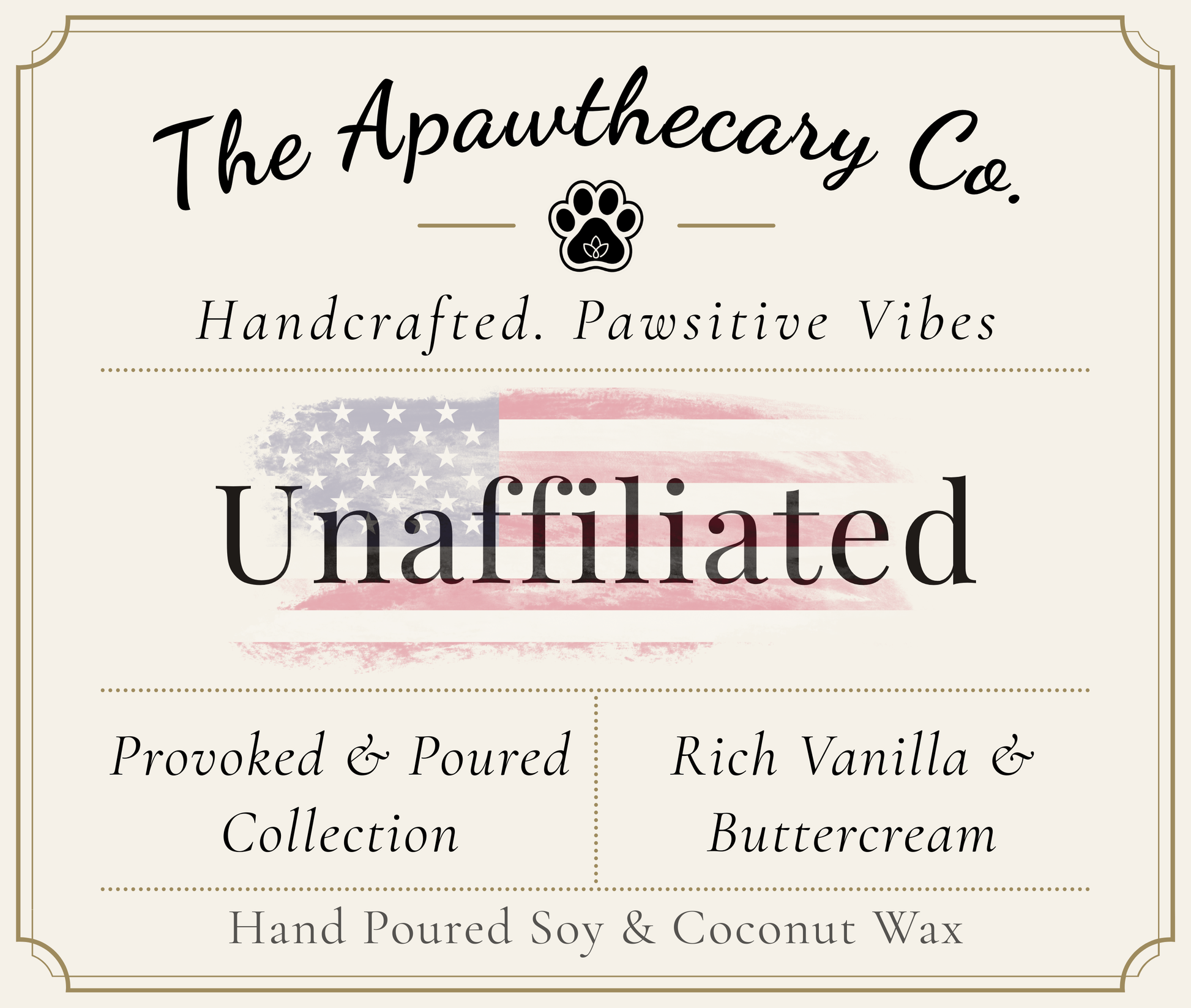 Product label for 'Unaffiliated' from The Apawthecary Co. with branding and product details.