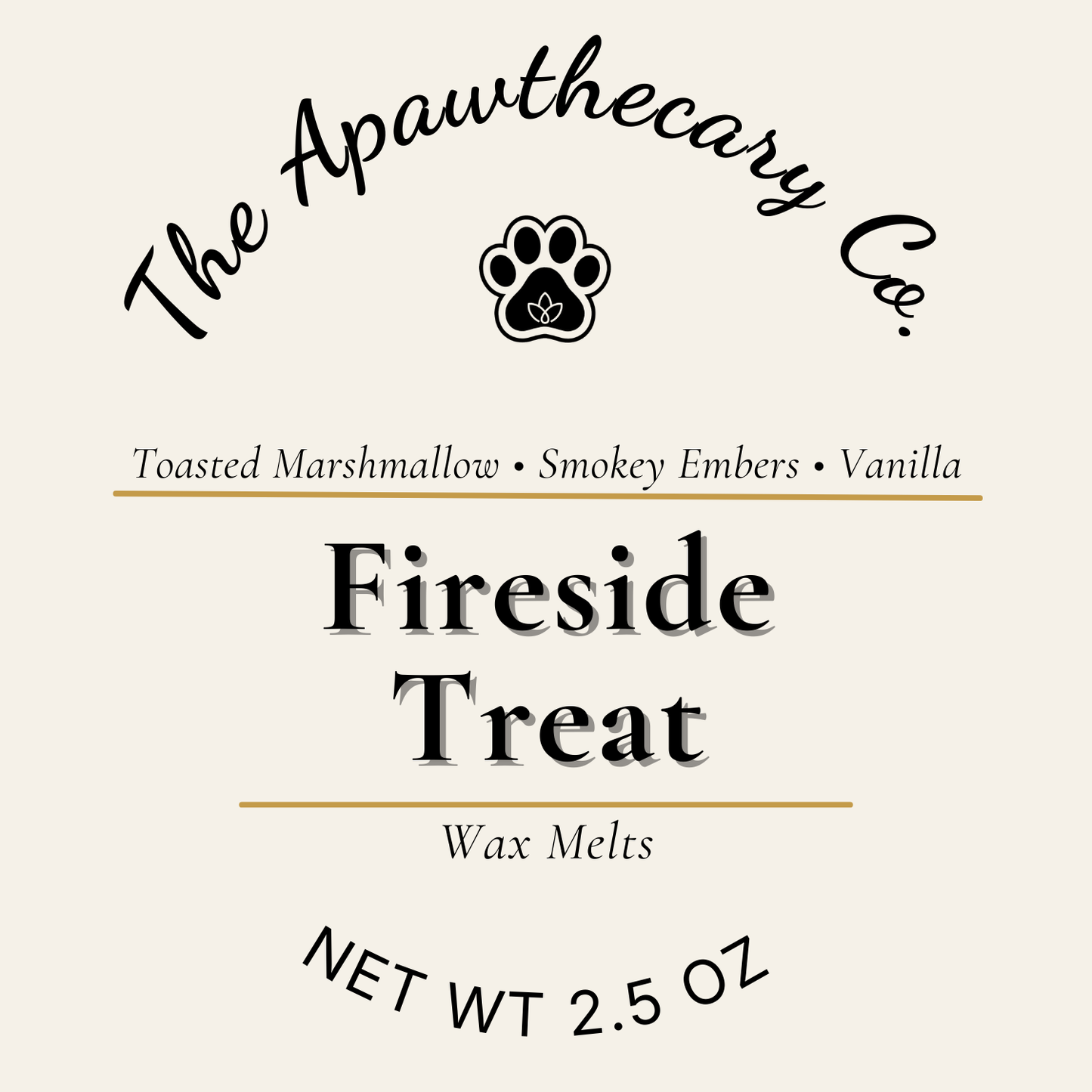 Label for The Apawthecary Co. Fireside Treat wax melts with a paw print logo.