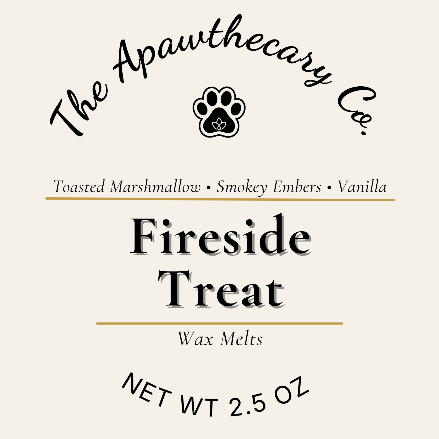 Label for The Apawthecary Co. Fireside Treat wax melts with a paw print logo.