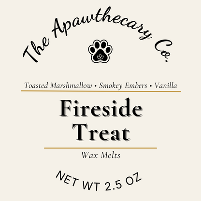 Label for The Apawthecary Co. Fireside Treat wax melts with a paw print logo.