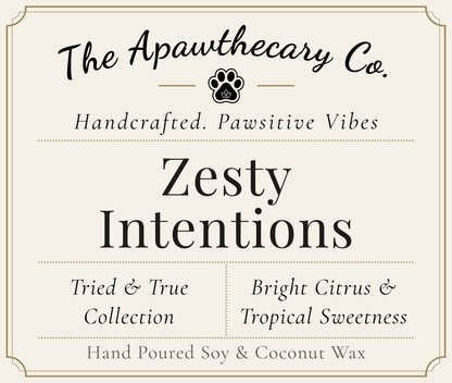Product label for 'Zesty Intentions' from The Apawthecary Co. with branding and product details.