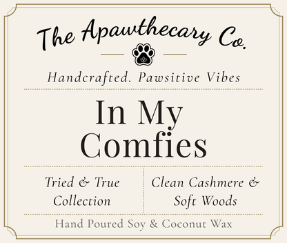 Product label for 'In My Comfies' candle from The Apawthecary Co. with branding and product details.