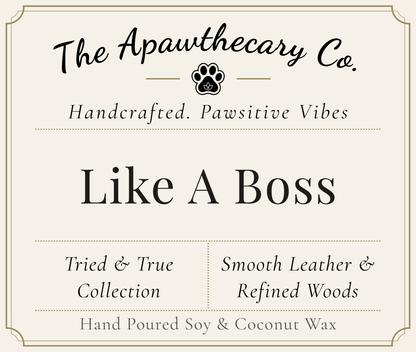 Product label for 'Like A Boss' from The Apawthecary Co. with branding and product details.