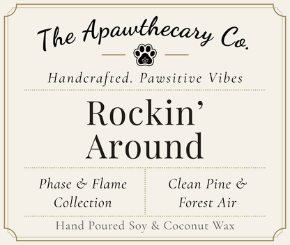 Product label for 'Rockin' Around' candle from The Apawthecary Co. with branding and product details.