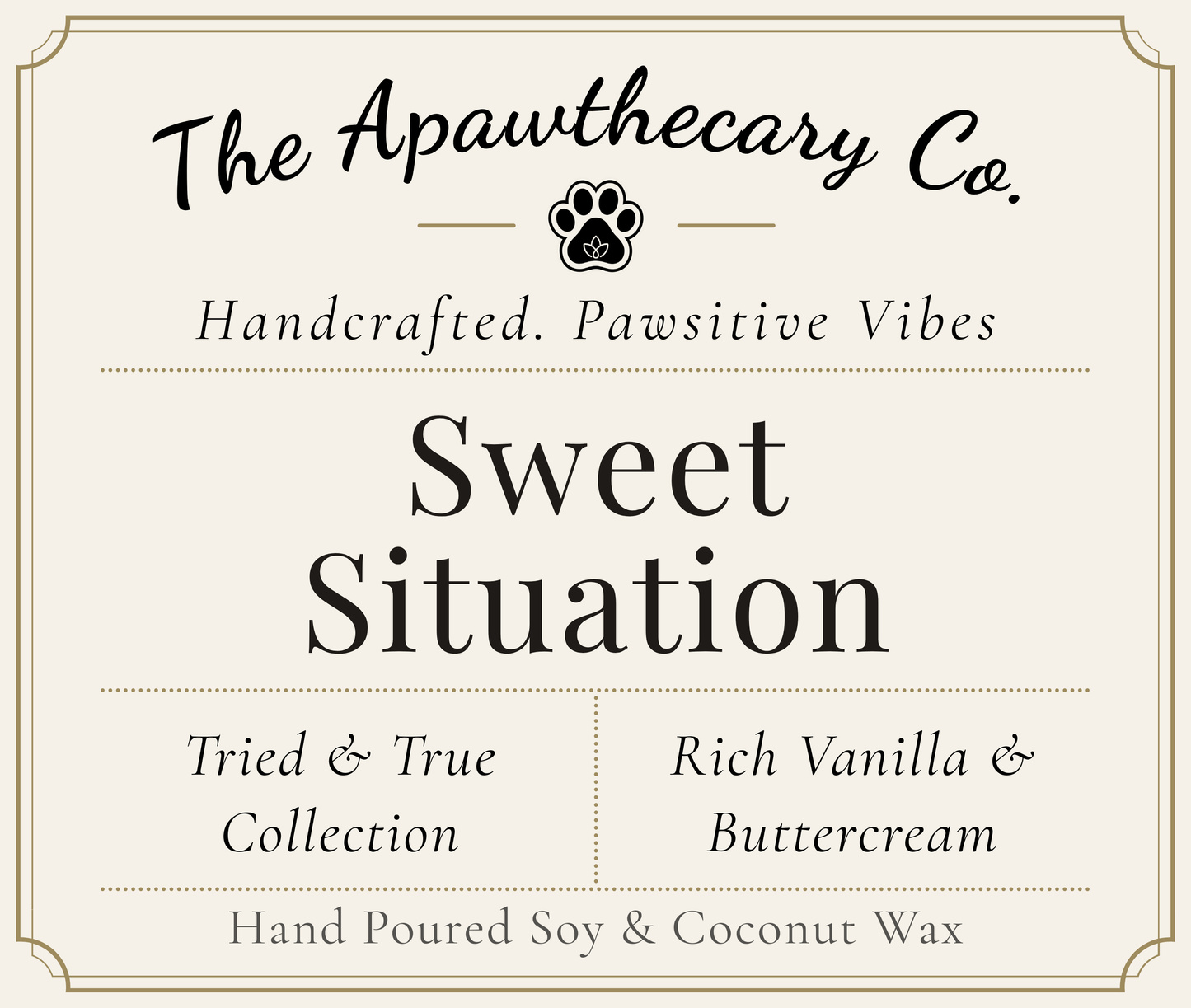 Product label for 'Sweet Situation' from The Apawthecary Co. with branding and product details.