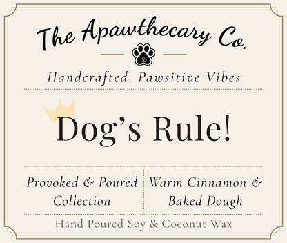 Product label for 'Dog's Rule!' from The Apawthecary Co. with branding and product details.