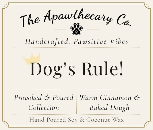 Product label for 'Dog's Rule!' from The Apawthecary Co. with branding and product details.
