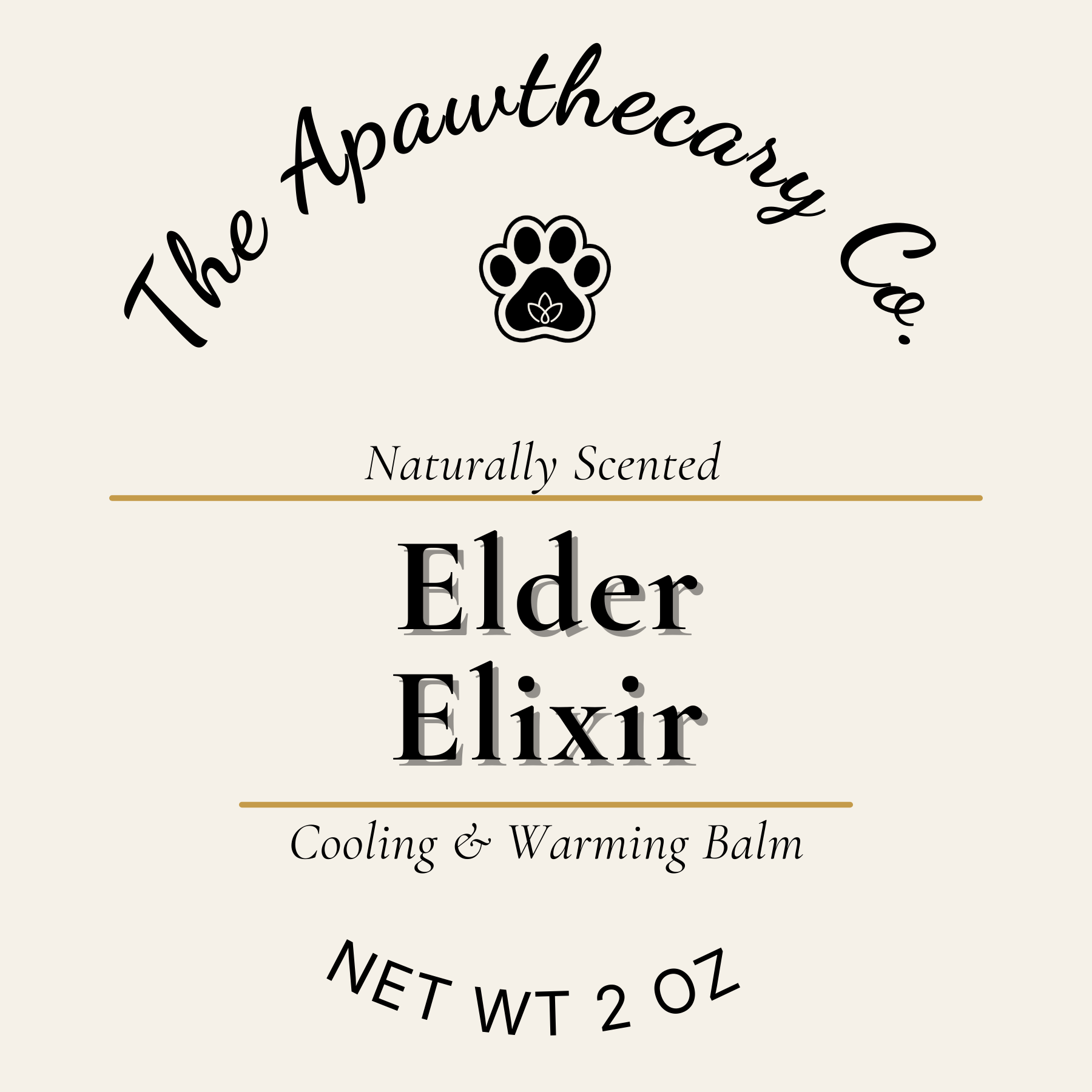 Label for 'Elder Elixir' cooling and warming balm by The Apawthecary Co. on a beige background.