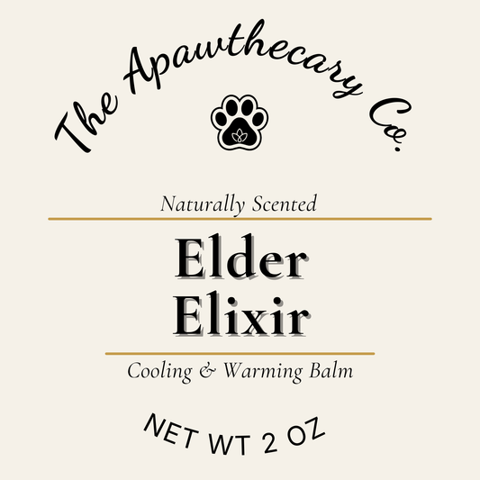 Label for 'Elder Elixir' cooling and warming balm by The Apawthecary Co. on a beige background.