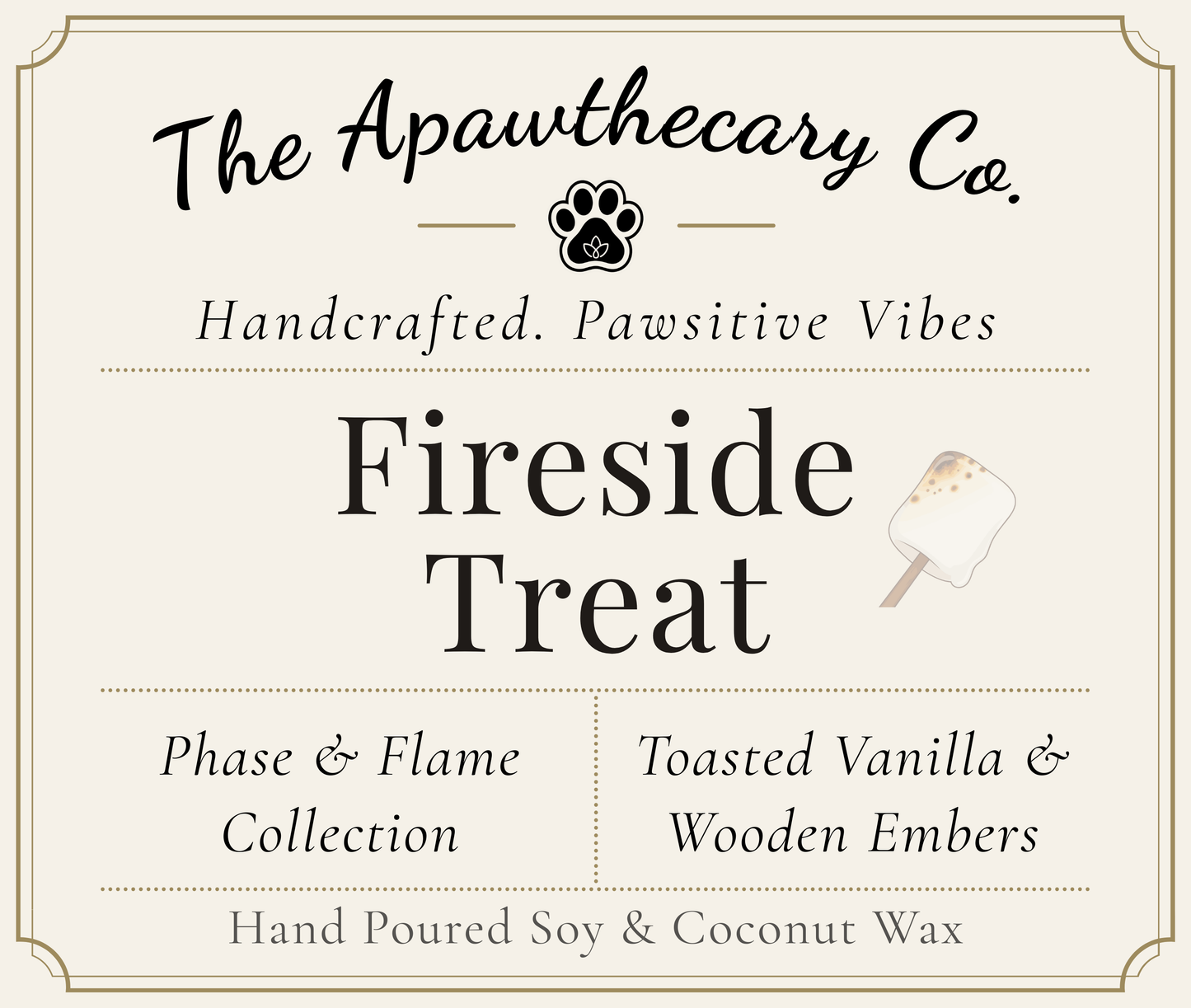 Product label for 'Fireside Treat' from The Apawthecary Co. with branding and product details.