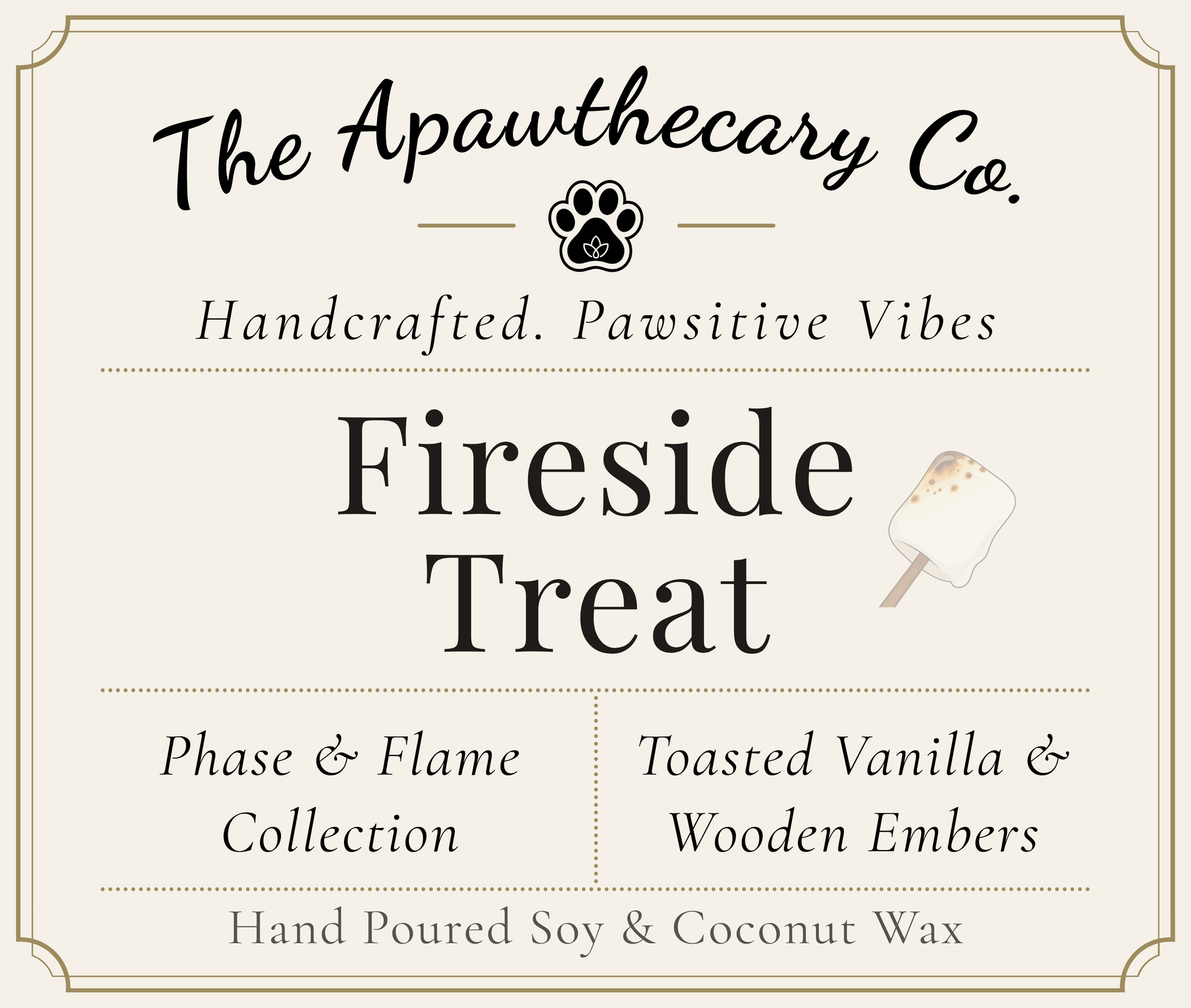 Product label for 'Fireside Treat' from The Apawthecary Co. with branding and product details.