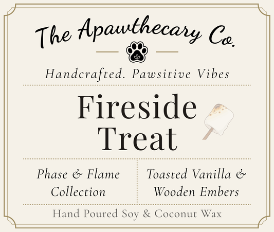 Product label for 'Fireside Treat' from The Apawthecary Co. with branding and product details.