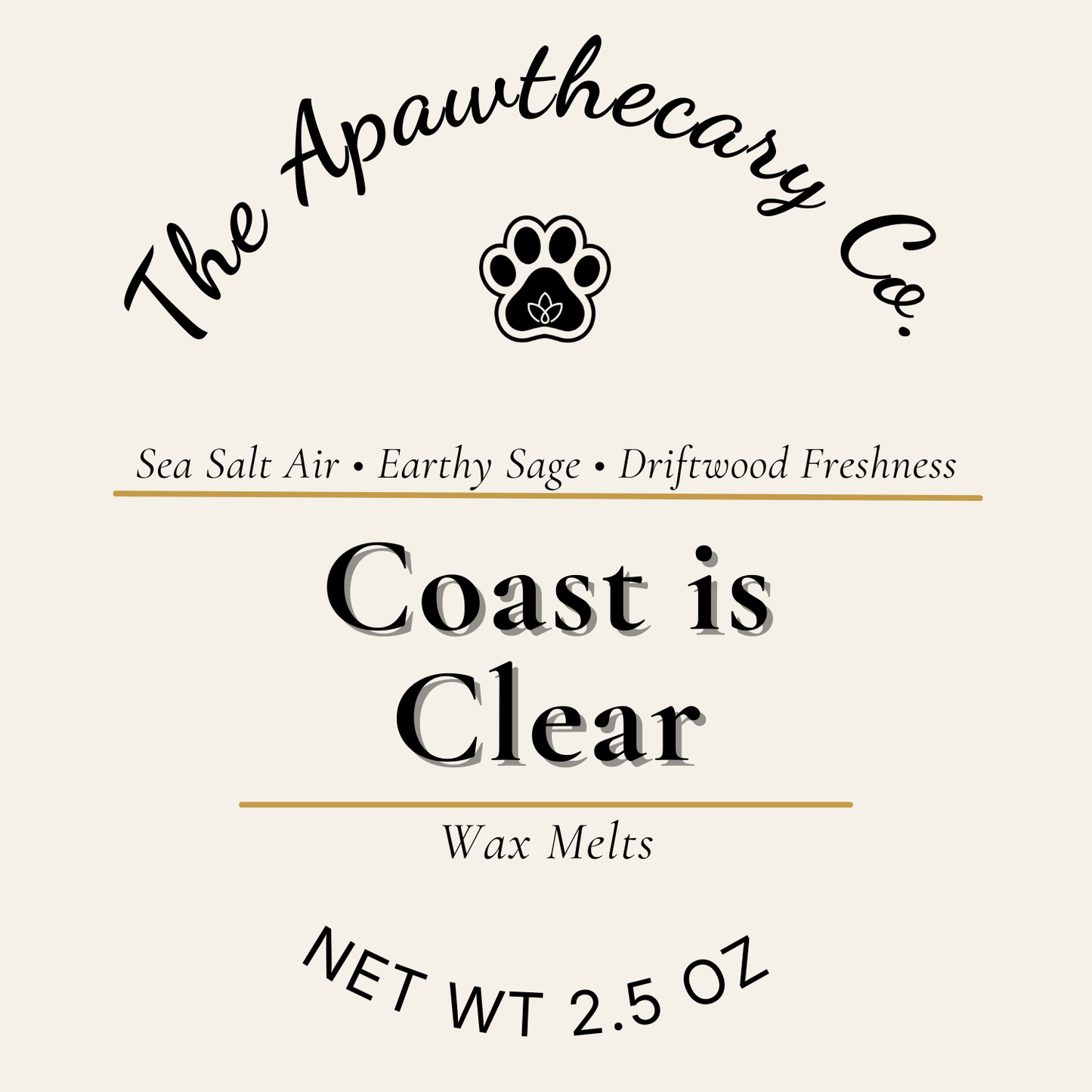 Label for 'Coast is Clear' wax melts by The Apawthecary Co. with product details.