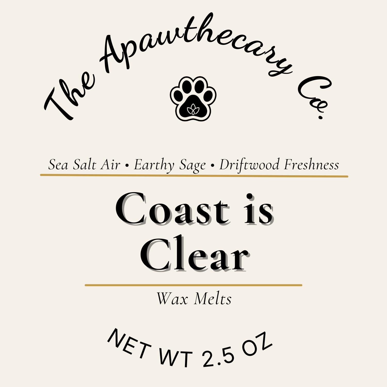 Label for 'Coast is Clear' wax melts by The Apawthecary Co. with product details.