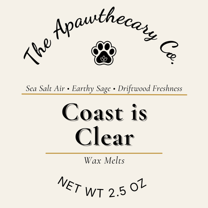 Label for 'Coast is Clear' wax melts by The Apawthecary Co. with product details.
