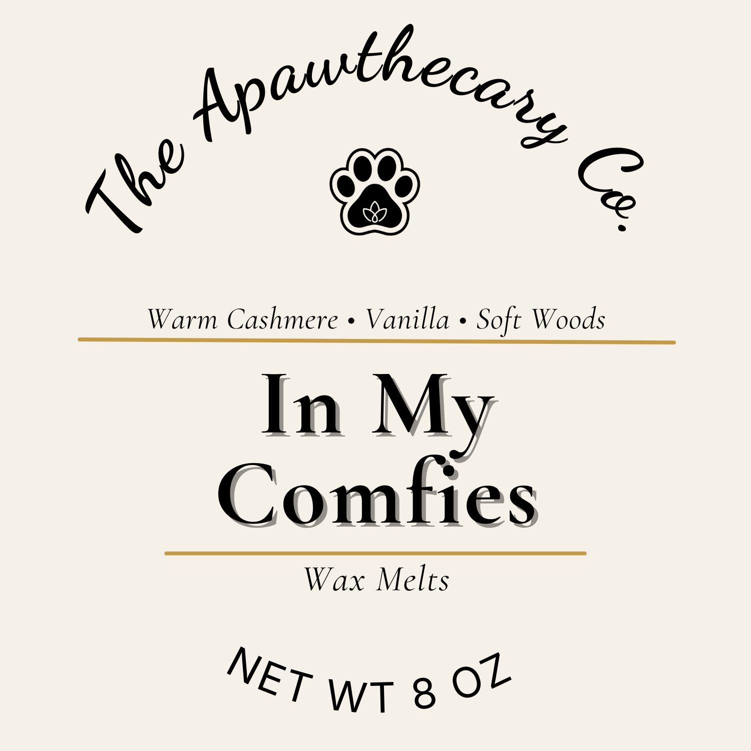 Label for 'In My Comfies' wax melts by The Apawthecary Co. with a paw print logo.