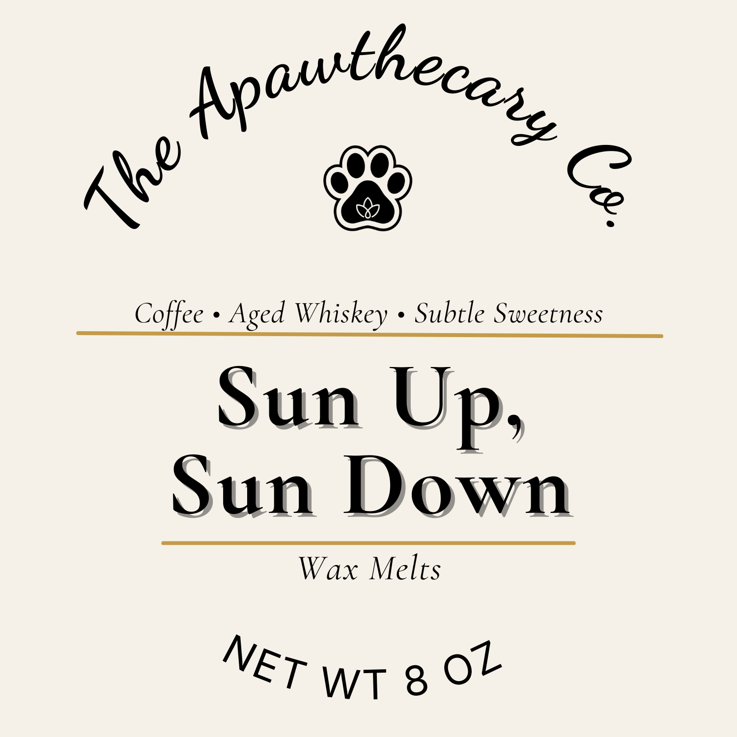 Label for 'Sun Up, Sun Down' wax melts by The Apawthecary Co. on a beige background.