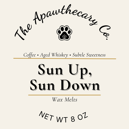 Label for 'Sun Up, Sun Down' wax melts by The Apawthecary Co. on a beige background.
