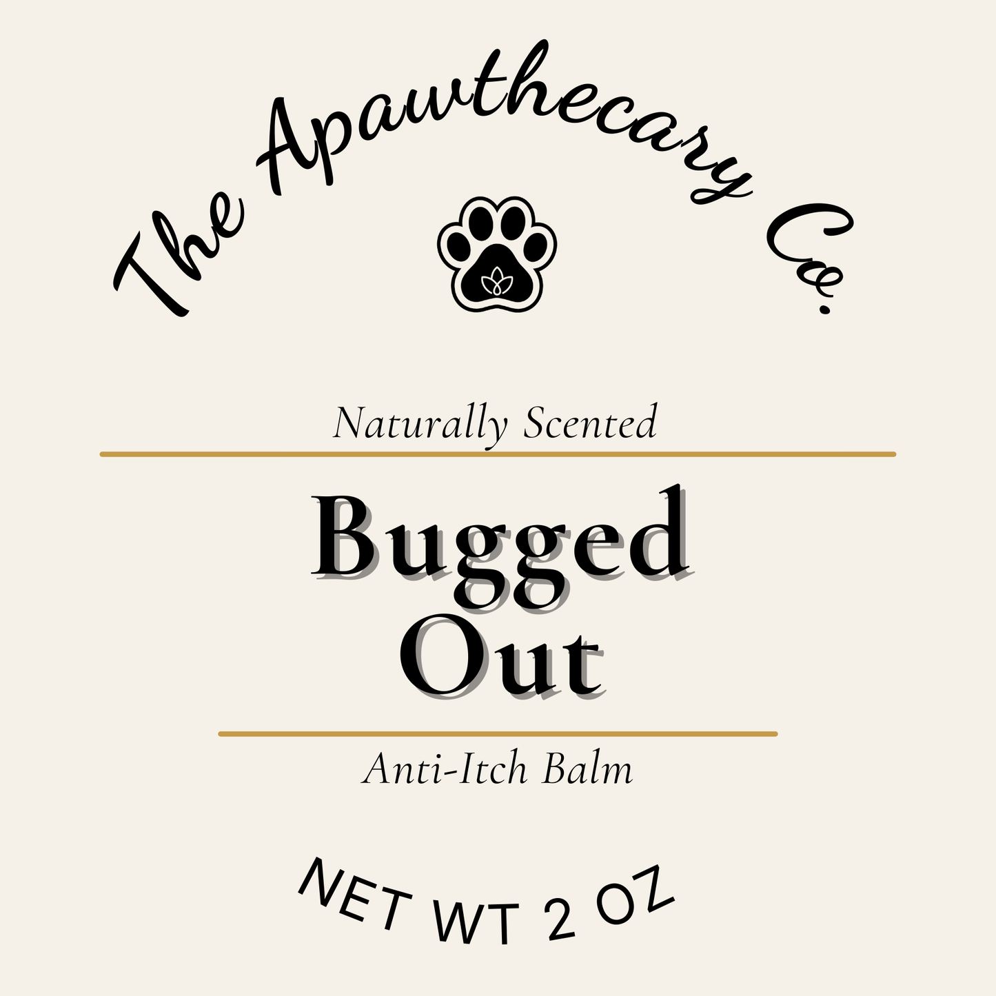 Label for 'Bugged Out' anti-itch balm by The Apawthecary Co. on a beige background.