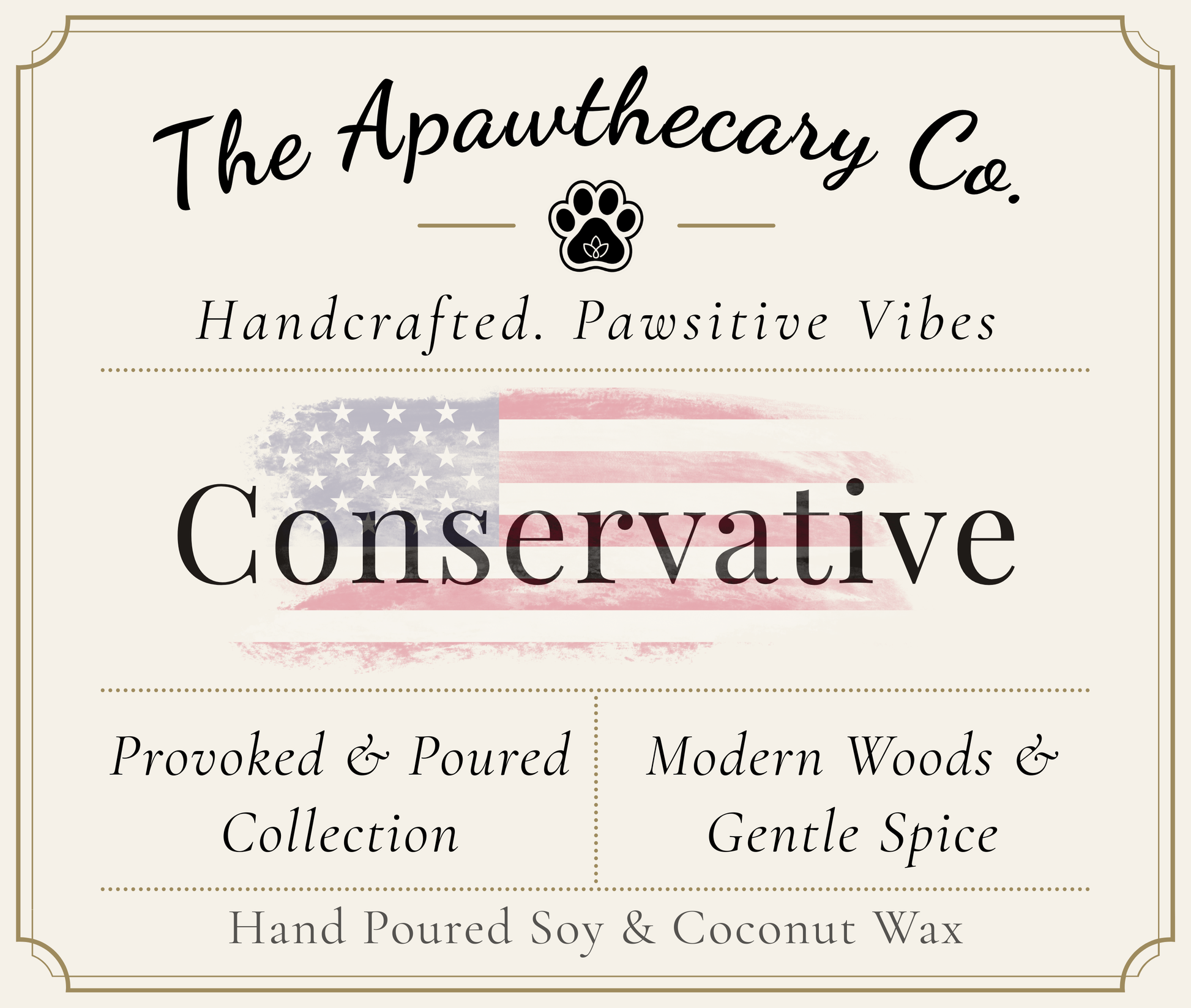 Product label for 'Conservative' candle from The Apawthecary Co. with branding and product details.