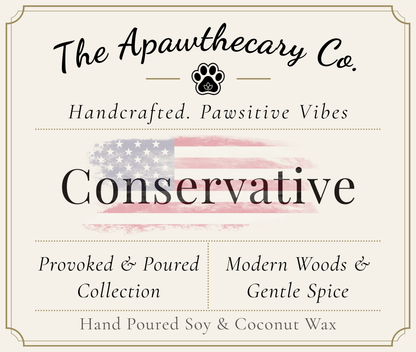 Product label for 'Conservative' candle from The Apawthecary Co. with branding and product details.
