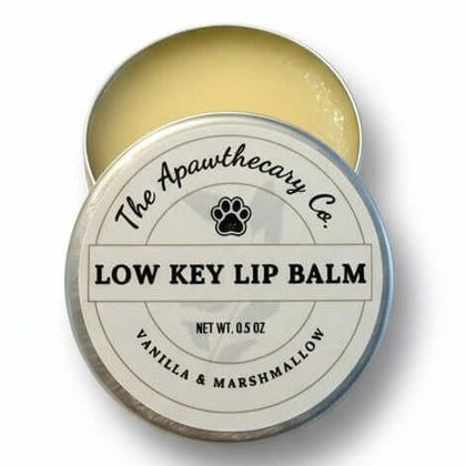 Low-Key Lip Balm - Vanilla & Marshmallow in a round tin container, showcasing its creamy texture and branded label.