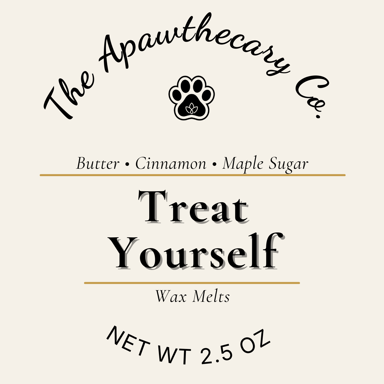 Label for 'Treat Yourself' wax melts by The Apawthecary Co. with a paw print icon.