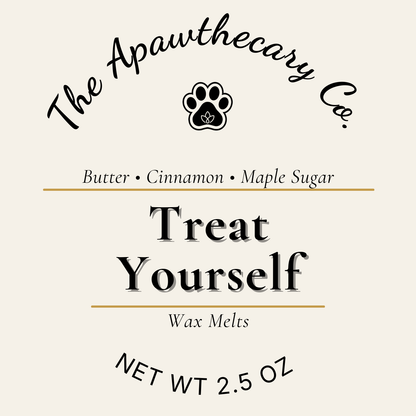 Label for 'Treat Yourself' wax melts by The Apawthecary Co. with a paw print icon.