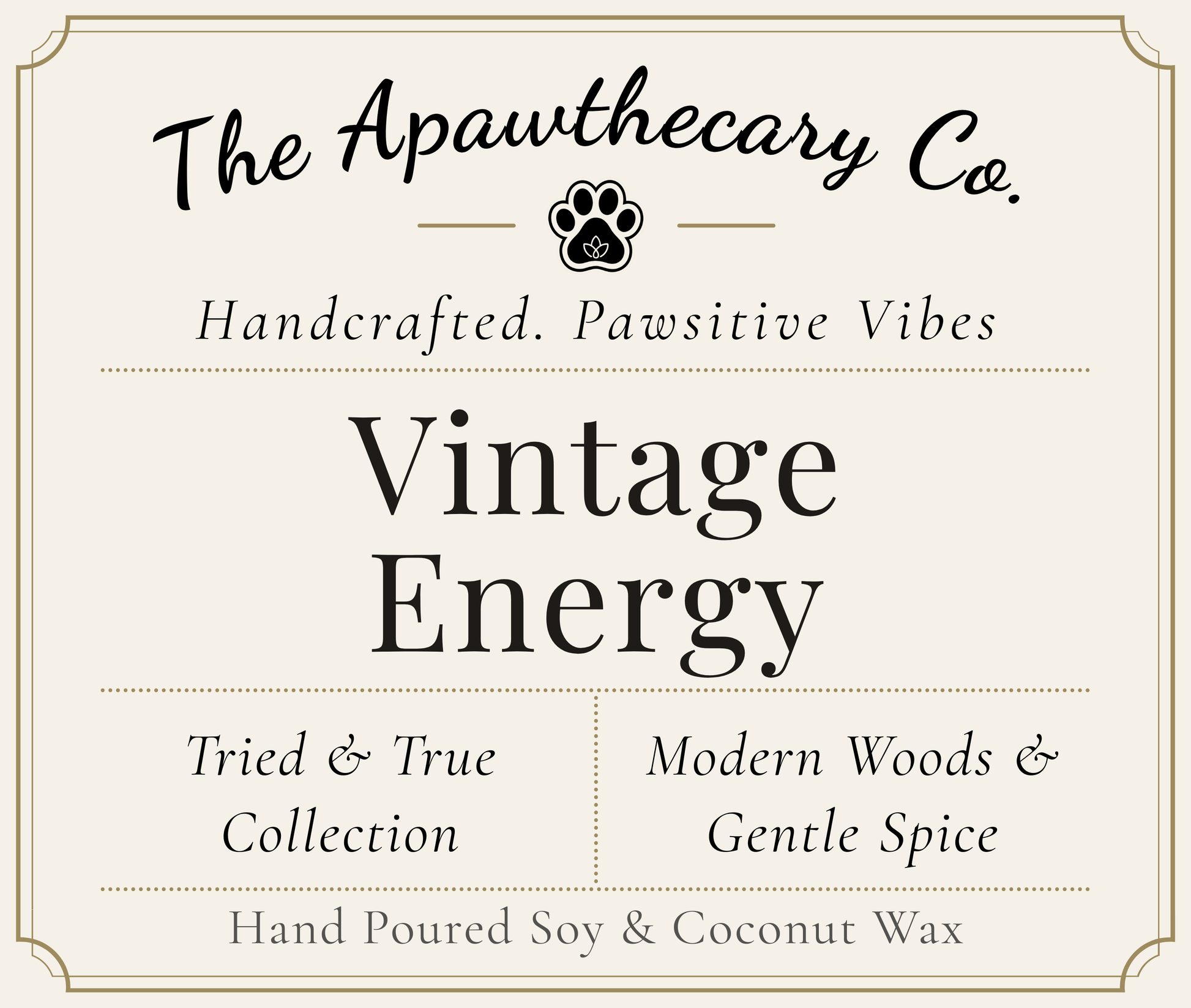 Product label for 'Vintage Energy' from The Apawthecary Co. with branding and product details.