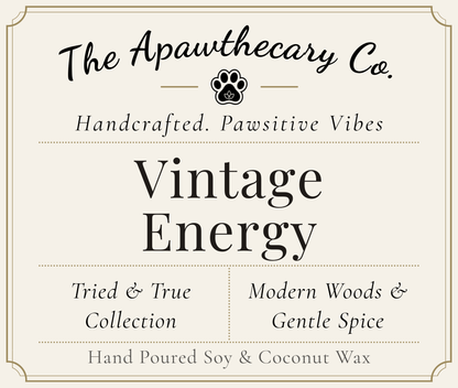 Product label for 'Vintage Energy' from The Apawthecary Co. with branding and product details.